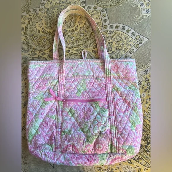 Large Vera Bradley Tote Green & Pink Floral with Green Leopard 🐆 Print - Picture 7 of 13